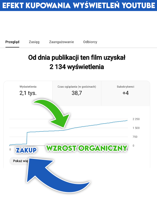 Wykres pokazujący efekt kupowania wyświetleń YouTube - nagły wzrost wyświetleń po zakupie, a następnie stały wzrost organiczny dzięki algorytmowi YouTube
