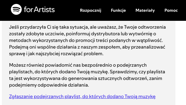 Fragment strony Spotify for Artists wyjaśniający możliwość błędnego oznaczenia odtworzeń jako podejrzane