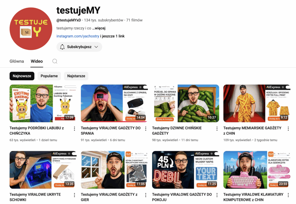 przykład kanału youtube dobrze osadzonego w wybranej niszy - testy i recenzje