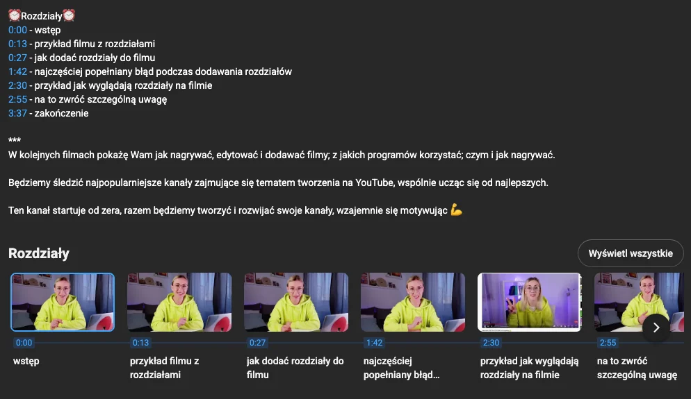 Zrzut ekranu z YouTube: lista rozdziałów z czasami w opisie filmu oraz sekcja Rozdziały z kartami miniatur